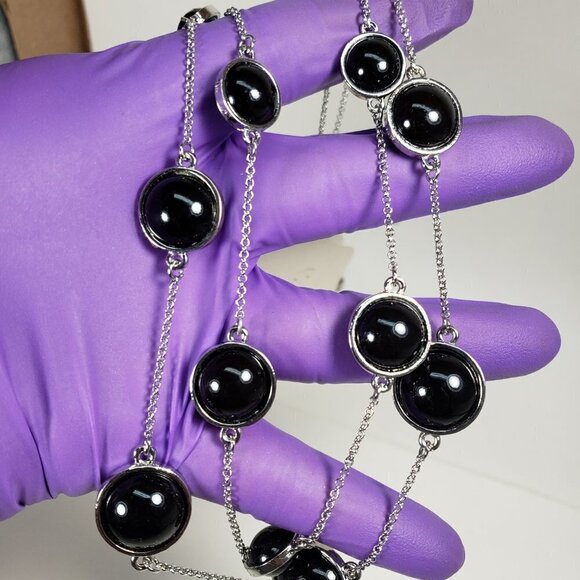 Polished Layered Silver tone & Black Beaded Necklace - Matching Earrings - Women - Picture 5 of 8